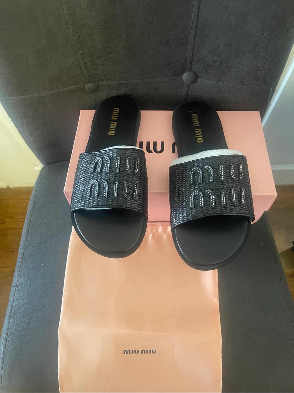 Miu Miu Black Embossed Logo Slide Sandals